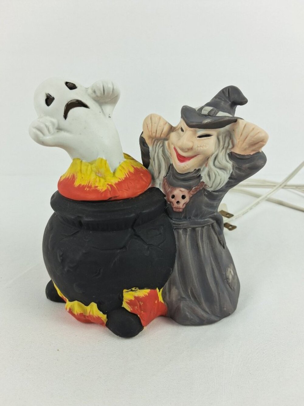 80's Price Prod Halloween Spooky Witch & Ghost & Cauldron Ceramic Light-Up Decor